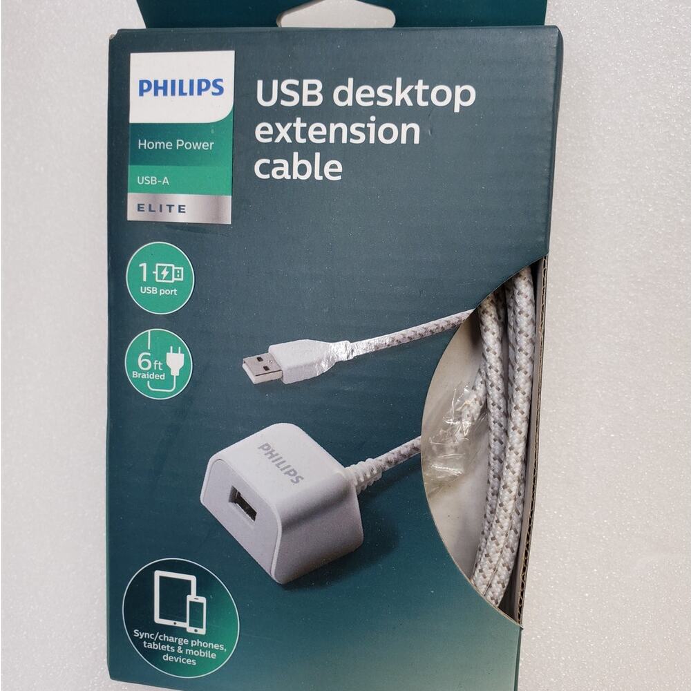 Philips Elite 6ft Braided USB Desktop Extension Cable (USB-A / White)